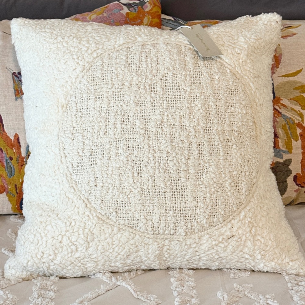 Bloomingville Ivory Sherpa Throw Pillow 20x20 Cotton Cushion Boho Cottage Earthy